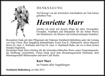 Traueranzeige von Henriette Marr von Südthüringer Presse