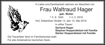 Traueranzeige von Waltraud Hager von Frankenpost
