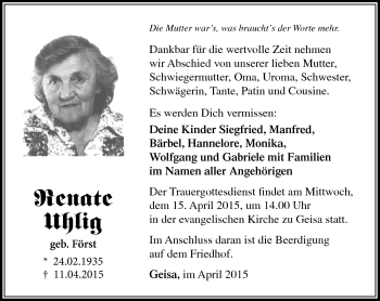 Traueranzeige von Renate Uhlig von Südthüringer Presse