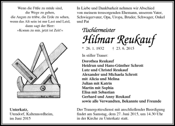 Traueranzeige von Hilmar Reukauf von Südthüringer Presse