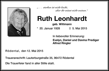 Traueranzeige von Ruth Leonhardt von Neue Presse Coburg