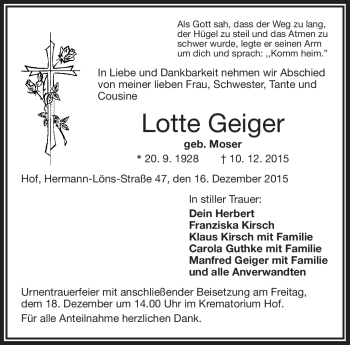 Traueranzeige von Lotte Geiger von Frankenpost