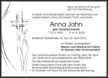 Traueranzeige von Anna Jahn von Frankenpost