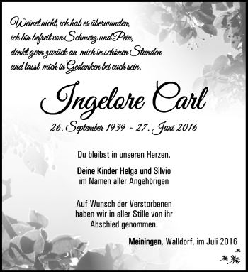 Traueranzeige von Ingelore Carl von Südthüringer Presse