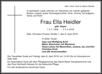 Traueranzeige von Heidler Ella von Frankenpost
