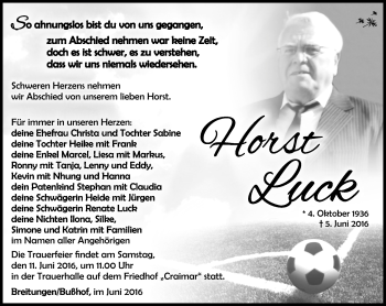 Traueranzeige von Horst Luck von Südthüringer Presse