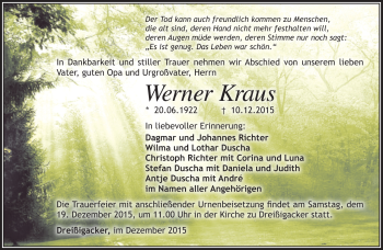 Traueranzeige von Werner Kraus von Südthüringer Presse