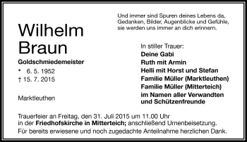 Traueranzeige von Wilhelm Braun von Frankenpost