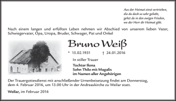 Traueranzeige von Bruno Weíß von Südthüringer Presse
