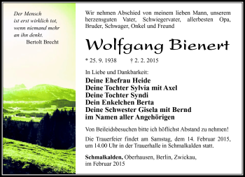 Traueranzeige von Wolfgang Bienert von Südthüringer Presse