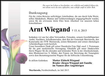 Traueranzeige von Arnt Wiegand von Südthüringer Presse