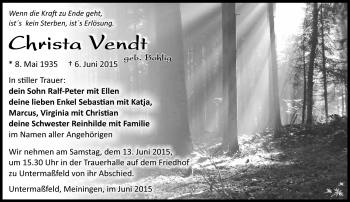 Traueranzeige von Christa Vendt von Südthüringer Presse