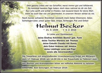 Traueranzeige von Helmut Becker von Südthüringer Presse