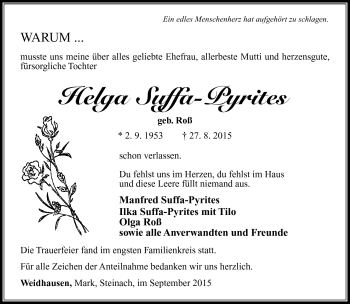 Traueranzeige von Helga Suffa-Pyrites von Südthüringer Presse