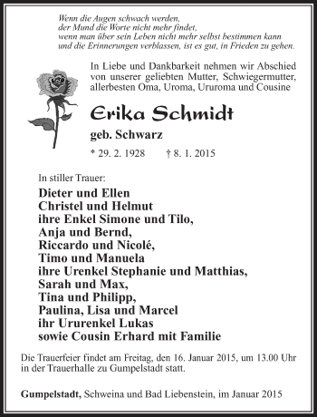 Traueranzeige von Erika Schmidt von 26010