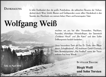 Traueranzeige von Wolfgang Weiß von Südthüringer Presse