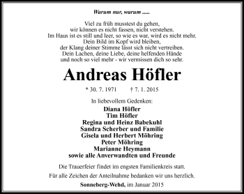 Traueranzeige von Andreas Höfler von Südthüringer Presse