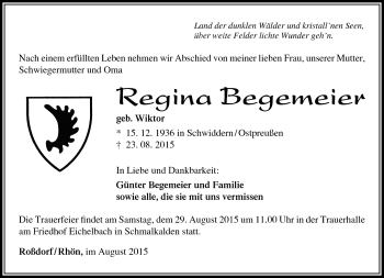 Traueranzeige von Regina Begemeier von Südthüringer Presse