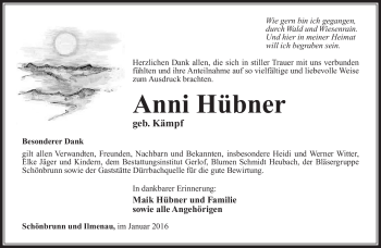 Traueranzeige von Anni Hübner von Südthüringer Presse