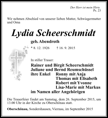 Traueranzeige von Lydia Scheerschmidt von Südthüringer Presse