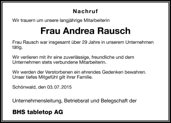 Traueranzeige von Andrea Rausch von Frankenpost
