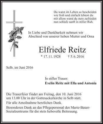 Traueranzeige von Elfriede Reitz von Frankenpost