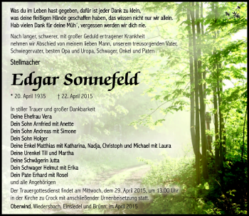 Traueranzeige von Edgar Sonnefeld von Südthüringer Presse
