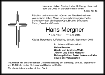 Traueranzeige von Hans Mergner von Frankenpost