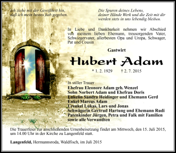 Traueranzeige von Hubert Adam von Südthüringer Presse