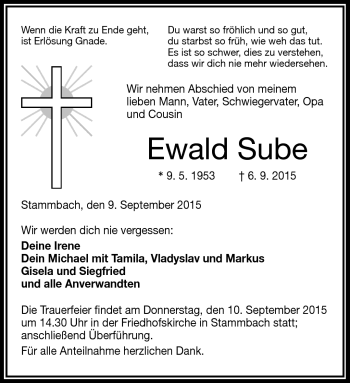 Traueranzeige von Ewald Sube von Frankenpost