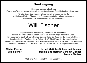 Traueranzeige von Willi Fischer von Neue Presse Coburg