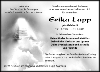Traueranzeige von Erika Lapp von Südthüringer Presse