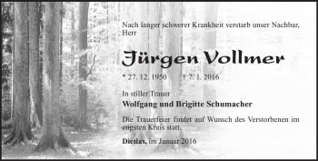 Traueranzeige von Jürgen Vollmer von Südthüringer Presse