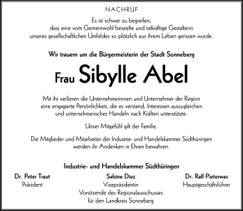 Traueranzeige von Sibylle Abel von Südthüringer Presse