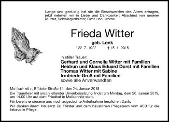 Traueranzeige von Frieda Witter von Neue Presse Coburg