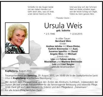 Traueranzeige von Ursula Weis von Frankenpost