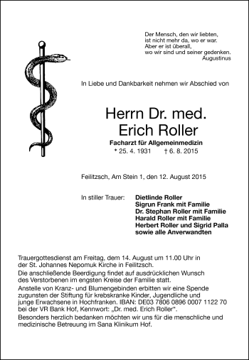 Traueranzeige von Erich Roller von Frankenpost