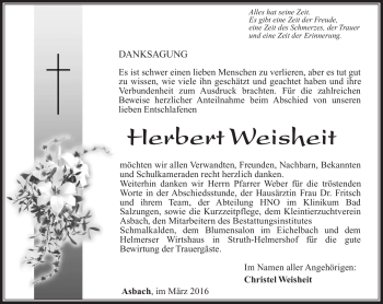 Traueranzeige von Herbert Weisheit von Südthüringer Presse