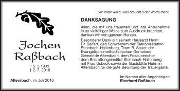 Traueranzeige von Jochen Raßbach von Südthüringer Presse