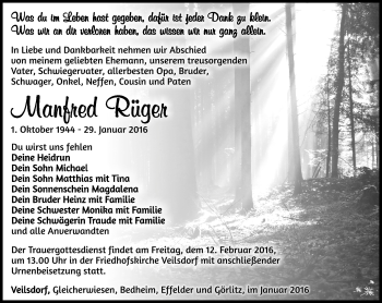 Traueranzeige von Manfred Rüger von Südthüringer Presse