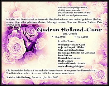 Traueranzeige von Gudrun Holland-Cunz von Südthüringer Presse