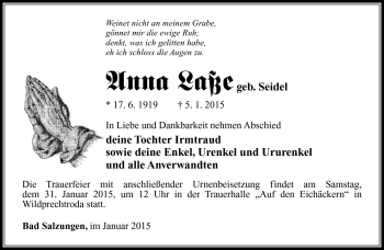 Traueranzeige von Anna Laße von Südthüringer Presse