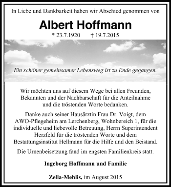 Traueranzeige von Albert Hoffmann von Südthüringer Presse