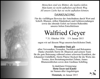 Traueranzeige von Walfried Geyer von Südthüringer Presse