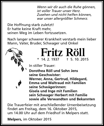 Traueranzeige von Fritz Röll von Südthüringer Presse