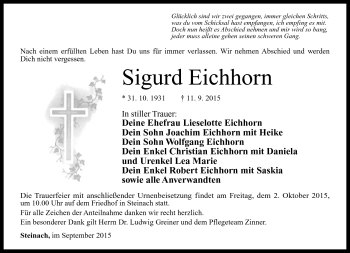 Traueranzeige von Sigurd Eichhorn von Südthüringer Presse