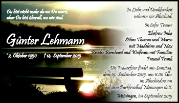 Traueranzeige von Günter Lehmann von Südthüringer Presse