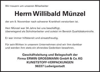 Traueranzeige von Willibald Münzel von Neue Presse Coburg