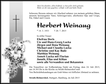 Traueranzeige von Herbert Weinaug von Südthüringer Presse