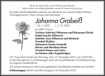 Traueranzeige von Johanna Grobeiß von Südthüringer Presse